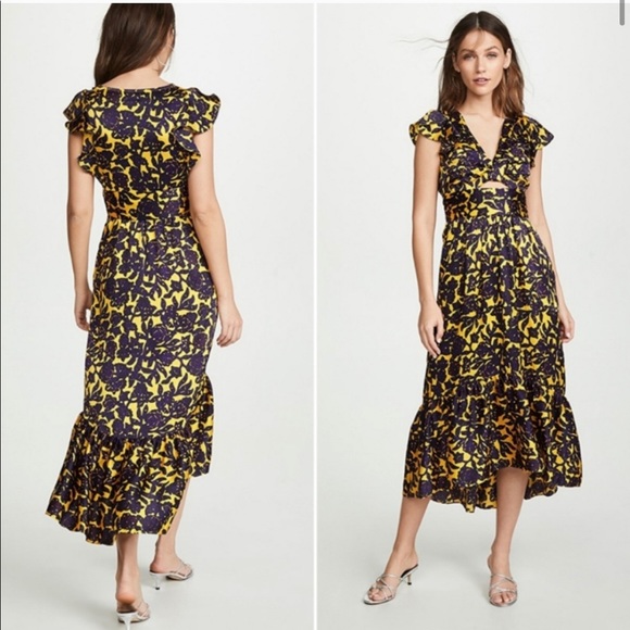 A.L.C. x REVOLVE Valencia Floral Yellow Purple Cutout Ruffle Sleeve Midi Dress - Picture 3 of 3